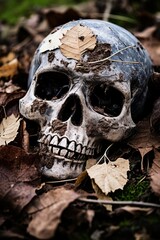 Sticker - a skull is sitting in a pile of dead leaves