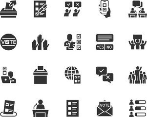 Vector set of voting flat icons. Contains icons poll, ballot box, debate, candidate, elect, online poll, ballot, electronic voting and more. Pixel perfect.