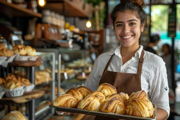 Full body photo of female Hispanic barista holding a tray of fresh pastries in a coffee shop