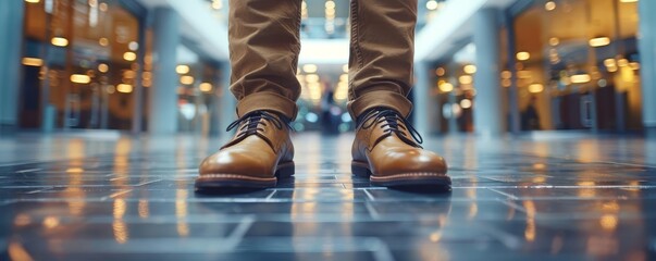 Businessman wearing shoes standing in an office building, close up of feet with copy space on the floor Shot in the style of Nikon D850 with an 2470mm f35 lens