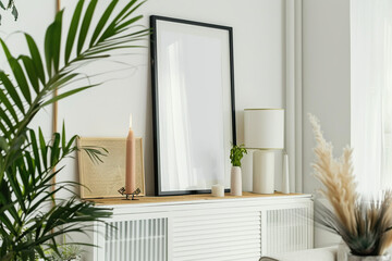 Wall Mural - A black framed vertical poster on top, placed in the corner of an open living room. White walls and cabinets were in the space. Some greenery was also present. Scandinavian interior with soft lighting