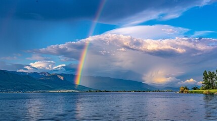 Sticker - rainbow after storm in sky over lake
