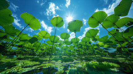 Upward angle view of a lotus pond featuring vibrant lotus leaves and a clear water surface with duckweed, set against a blue sky. The high saturation and natural light highlight the fresh green tones 