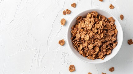 Wall Mural - Fiber rich breakfast cereal made from bran on a white background with room for text