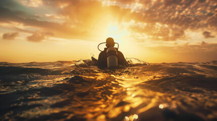 A scuba diver emerges from the ocean, illuminated by the setting sun, creating a golden reflection on the rippling water, capturing the serene and adventurous spirit of the sea.
