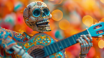 day of dead skeleton playing traditional guitar on solid color, Dia de los Muertos wallpaper with copy space