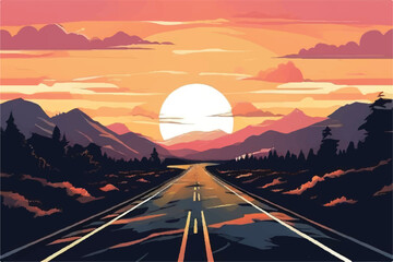 Wall Mural - Highway Landscape Illustration Background. Beautiful Road landscape Background. Beautiful Landscape showing view of a road.  vacation trip. Vector Illustration. 
