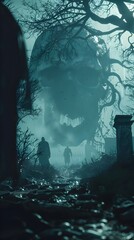 Poster - Backlit Silhouettes of Skull and Folklore Creatures in Somber Graveyard,Minimalist Watercolor