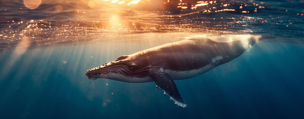 Wall Mural - A great whale swimming in the ocean, sun rays shining through the water, hyper realistic photography