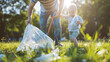 © DreamyStudio - Closeup of family picking up trash outdoors and eco volunteering in park, copy space