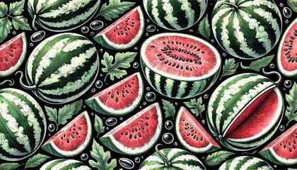 Wall Mural - A background illustration of watermelons on a black background