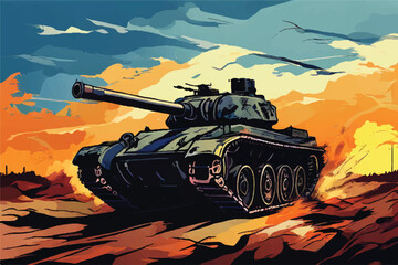 Wall Mural - Tank. Illustration of a Army tank on battlefield. A Battlefield Landscape with war machine tank. Illustration of a military tank. Combat vehicle. Military army tank. Military Vehicle.