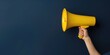 © NickArt - Hand holding yellow megaphone on neutral dark blue copyspace background