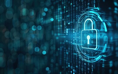 Poster - Digital lock and binary code representing cybersecurity, data protection, and technological security in a virtual environment.