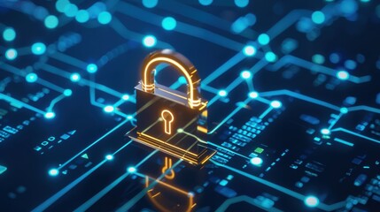 Aufkleber - Golden padlock over digital blue circuitry, symbolizing cybersecurity, data protection, and online privacy in modern technology.