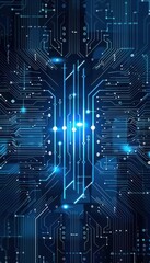 Fototapete - Futuristic digital technology background with a circuit board pattern and glowing blue lights, symbolizing advanced computing and innovation.