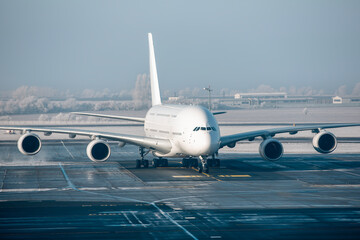 Commercial airplane during taxiing from airport runway after landing on frosty winter day..