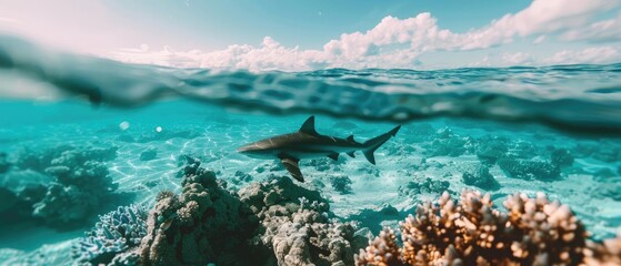 Stunning underwater shot of a shark swimming over a vibrant coral reef, set against the backdrop of a serene ocean and blue skies.