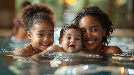 Wall Mural - Three females of varying ages smiling in a pool with a baby, showcasing family bonds and joy