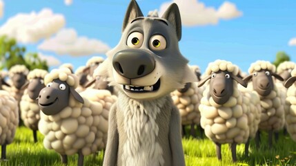 Caricatured Cartoon Wolf Delivering a Dramatic Speech to Sheep