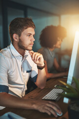 computer, planning and businessman in office at night with research for coding on website with deadl