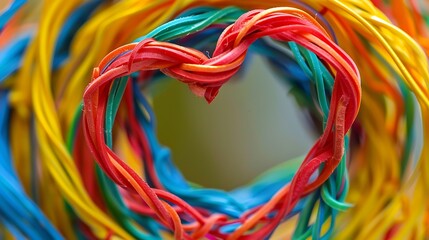 Brightly colored rubber bands interwoven to form a heart shape, showing creativity and fun.