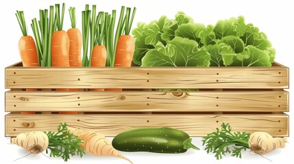 Wall Mural - A wooden crate filled with vegetables including carrots, cucumbers