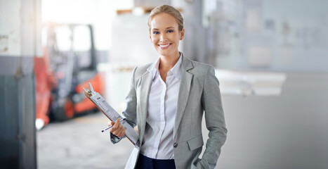 Aufkleber - Clipboard, factory and inspection with portrait of woman in suit for business, logistics or shipping. Documents, smile and quality control with supervisor in warehouse for supply chain management