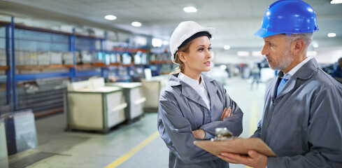 Poster - Factory, people and checklist conversation with clipboard for quality inspection or logistics planning for process. Management, talking and document for manufacturing in warehouse with collaboration