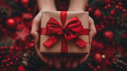 Wall Mural - A person is holding a brown box with a red bow on it