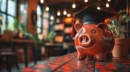 A piggy bank with a black cap on top of it. symbolizing education and success.