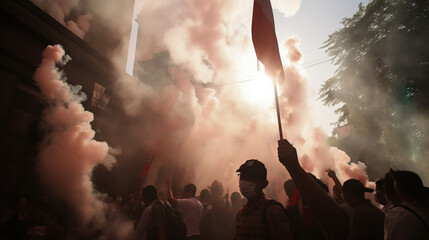 Wall Mural - Indonesia Independence Day, holiday parade with colored smoke, people in costumes. AI generated.