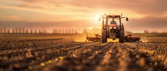 Tractor drilling seeding crops at farm field. Agricultural activity.