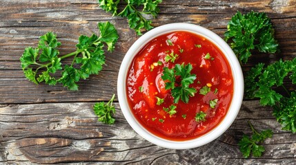 Wall Mural - Tomato sauce in white bowl with parsley and ketchup on wooden background