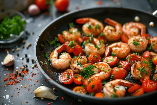 Shrimp and tomatoes sizzle in a pan, creating a delicious aroma