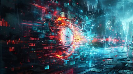 Wall Mural - Futuristic Digital Clock in Cyberpunk Cityscape with Neon Lights