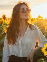 Wall Mural - Girl posing in the field of sunflowers