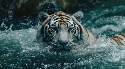 Wall Mural - A white tiger is seen swimming in a river