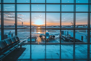 Wall Mural - The window of the airport looks out on an airplane parked at length 