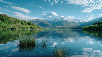 Canvas Print - Tranquil lake with mountain backdrop featuring snow capped peak and reflection of nearby plants in the water