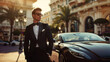 © steph photographies - Business man wearing suit standing front of an expensive car in Monaco