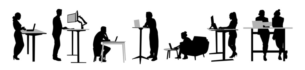 Silhouettes people working at contemporary workspace. Business Man, woman at modern area with ergonomic furniture, computers. Modern coworking open space. Vector illustration on transparent background