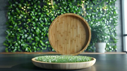 Wall Mural - Beautiful eco-friendly wooden plate displayed on a grassy surface with a lush green leaf wall background, promoting sustainability and nature. Intended for advertisements with text space. 