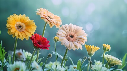 Wall Mural - A colorful garden of flowers with a blue sky in the background