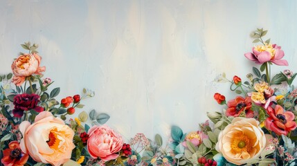 Wall Mural - A colorful garden of flowers with a blue sky in the background