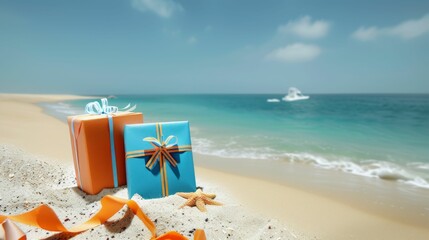 A blue and orange box is on the beach next to a candy cane