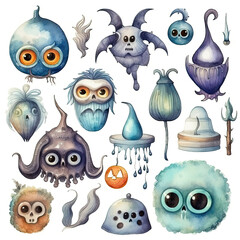 Wall Mural - Playful watercolor showcasing charming Halloween creatures amidst eerie, festive decorations. Created using generative AI tools.