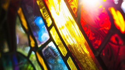 Wall Mural - Close-up of a stained glass window, vibrant colors, sunlight filtering through, high detail, macro focus, artistic home feature.