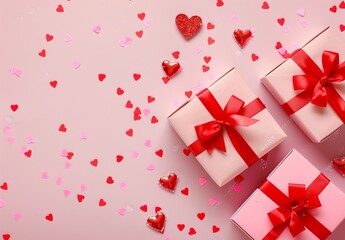 Wall Mural - Valentine's Day background with pink gift boxes and red hearts on pastel background 