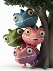 Wall Mural - A group of three lizard creatures are standing next to a tree, AI